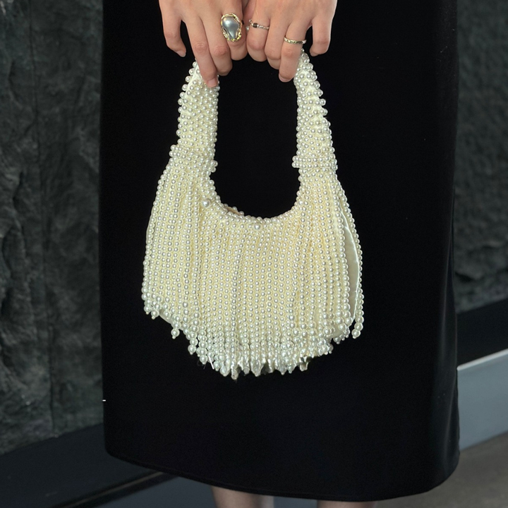 White French Retro Handmade Woven Pearl Tassel Dumpling Tote Clutch for Women