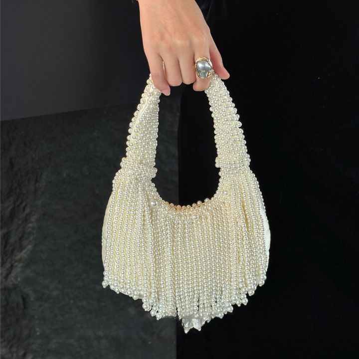 White French Retro Handmade Woven Pearl Tassel Dumpling Tote Clutch for Women