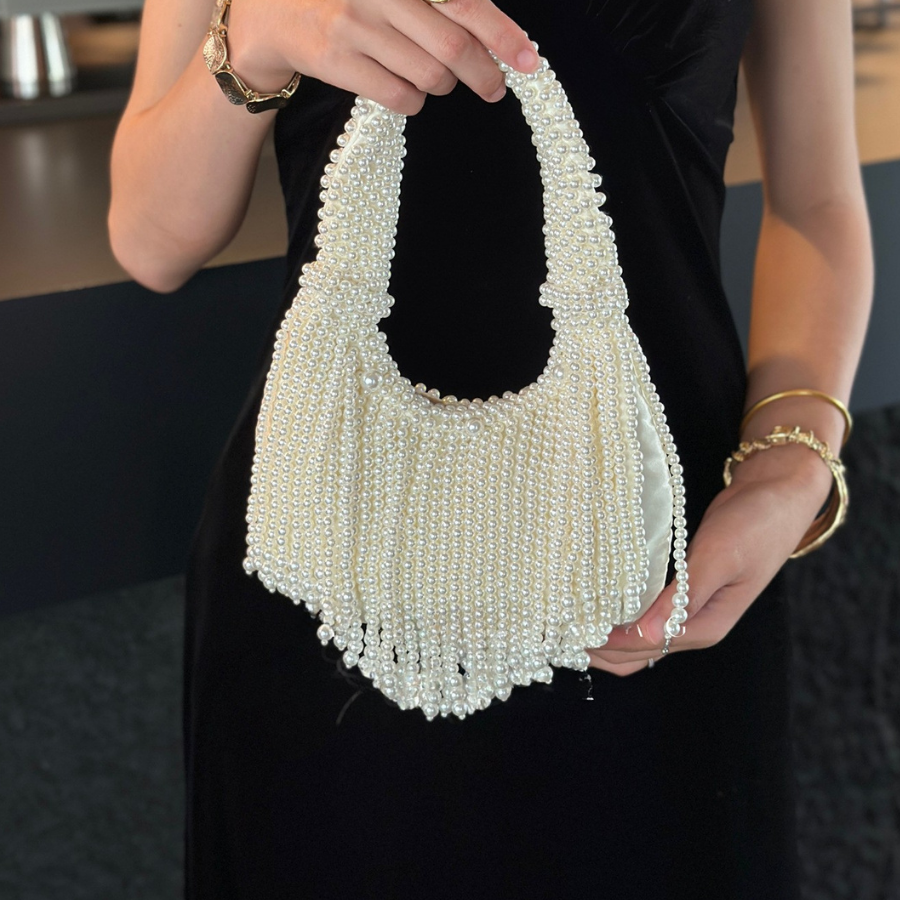 White French Retro Handmade Woven Pearl Tassel Dumpling Tote Clutch for Women