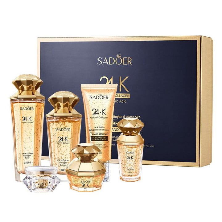 Sadoer 24K Golden Collagen Hyaluronic Acid 6 Piece Set (100g Facial Cleanser /150ml Collagen Toner / 120ml Collagen Lotion /40ml Collagen Serum/15g Collagen Eye Cream/60g Collagen Cream)