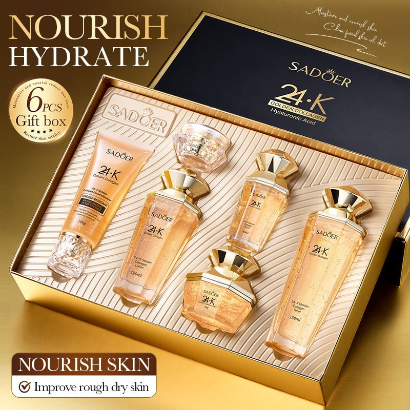 Sadoer 24K Golden Collagen Hyaluronic Acid 6 Piece Set (100g Facial Cleanser /150ml Collagen Toner / 120ml Collagen Lotion /40ml Collagen Serum/15g Collagen Eye Cream/60g Collagen Cream)